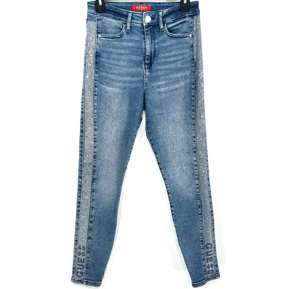 Guess Jeans Women’s Sz 28 Crystal Rhinestone Logo Tuxedo Stripe Crop Ankle